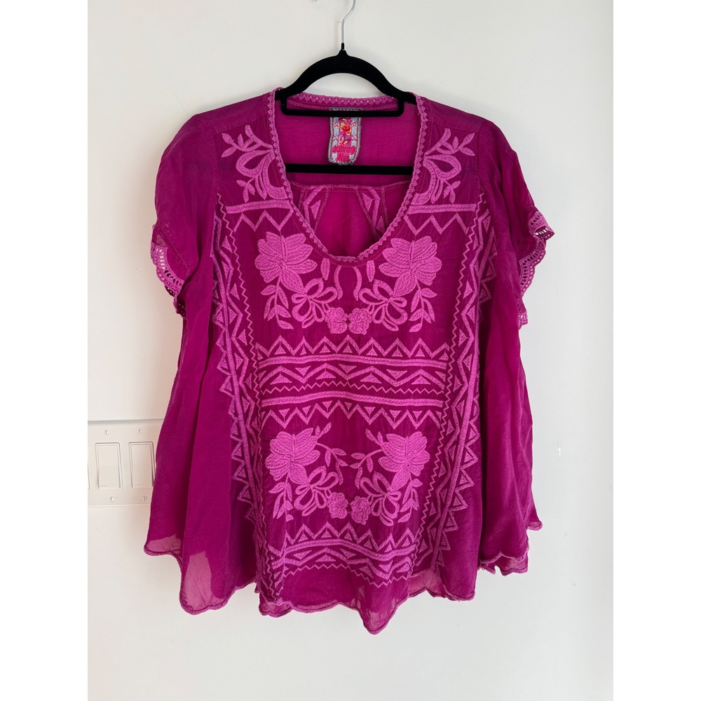 Johnny Was Embroidered Cupra Rayon Tunic Blouse Top Magenta Pink Lace Boho M